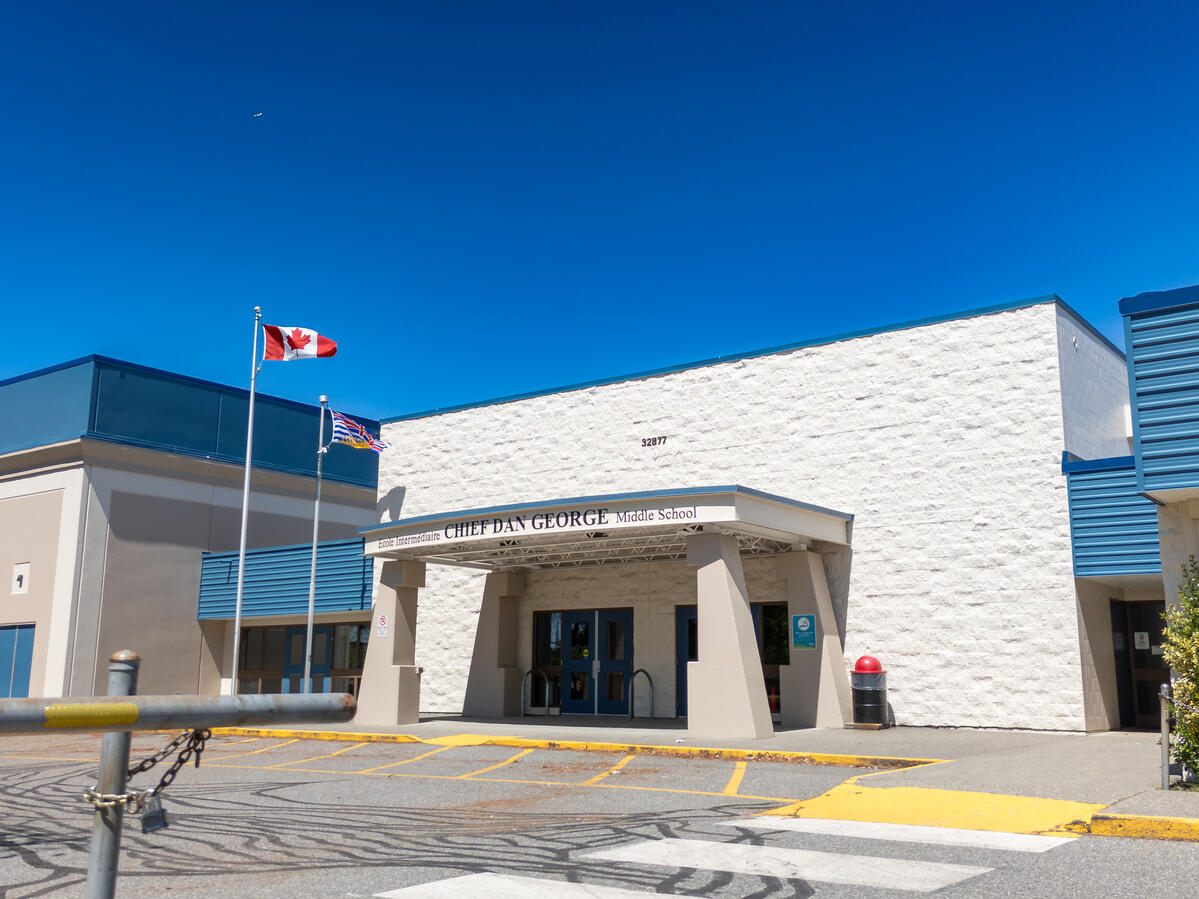 Exterior image of a Middle school entrance. Blue sky in the background and both the Canadian and BC flag blow in the wind atop the flag poles outside the entrance.