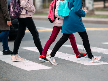 School children cross the road. Children go to school